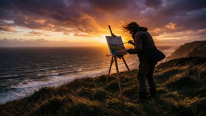 Eugen Kirchner melukis en plein air di tebing dramatis saat matahari terbenam