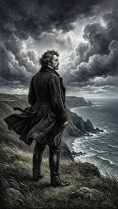 L. Deymarie på en klippe, fanget i stålgraveringsstil med dramatisk stormhimmel.