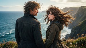 Renton og Eureka deler et stille øjeblik på en klippe med udsigt over havet.