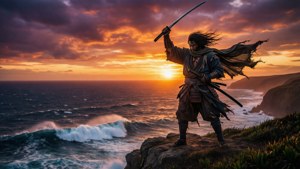 En ronin silhuetteret mod en ildrød solnedgang på en klippe med udsigt over havet.
