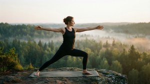 Orang dengan tanktop hitam melakukan yoga di tebing saat matahari terbit