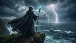 Eine mystische Figur auf einer Klippe mit Blick auf ein stürmisches Meer mit Blitzen und einem leuchtenden Stab.