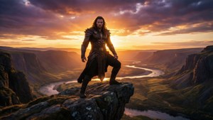 En fantasy-kriger i rustning står på en klippe med utsikt over en canyon ved solnedgang.