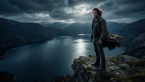 Alan Wake ved en klippekant under en fuldmåne, sø nedenfor.