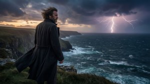 Robert Ewing Curwen em um penhasco ao entardecer observando um mar tempestuoso.
