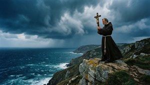 Saint François de Louvemont på en klippe i en storm, holder et krusifiks mot turbulente himmelstrøk.