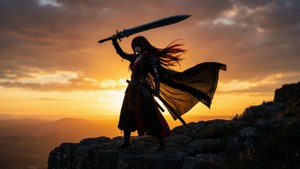 Silhuet af Shu Ouma på en klippe, der hæver sit void-sværd ved solnedgang.