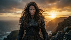 Devara som en kriger på en klippe ved solnedgang, intenst og dramatisk portrett
