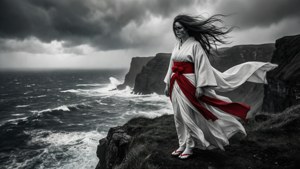 Um yurei está em um penhasco enquanto ventos de tempestade agitam seu quimono sobre um mar turbulento