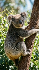 Koala kiipeämässä puuhun vilkaisten taakseen.