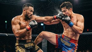 Muay Thai clinch between Demetrious Johnson and Rodtang.