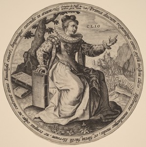Clio by Crispijn van de Passe (I), in engraving on laid paper. Download this artwork as a high-resolution wallpaper for desktop, tablet, or mobile. — Crispijn van de Passe (I) Wallpaper