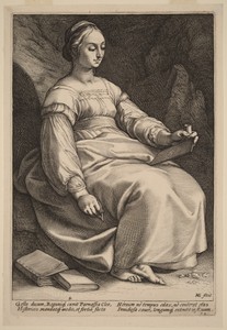 Clio by Hendrick Goltzius, created probably 1592, in engraving. Download this artwork as a high-resolution wallpaper for desktop, tablet, or mobile. — Art Wallpaper