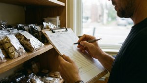 Una persona conta l'inventario con un blocco appunti.
