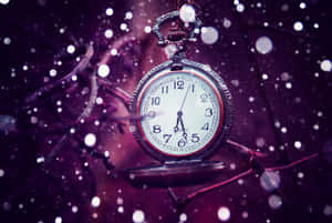 An antique pocket watch suspended in a mystical purple scene with glowing orbs and dark branches. — Time Wallpaper