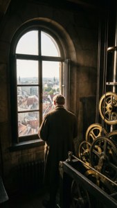 Emil Krafft di menara jam dengan pemandangan kota, roda gigi dan sinar matahari sore, detail bersejarah.
