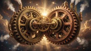 To stjerner gjenskapt som sammenlåsende steampunk-tannhjul på en viktoriansk himmel.