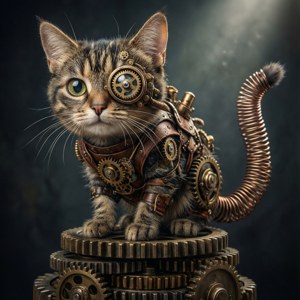 En steampunk-kat med mekanisk øje og hale