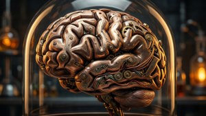 Uno sfondo steampunk 3D dettagliato di un cervello meccanico in una cupola di vetro