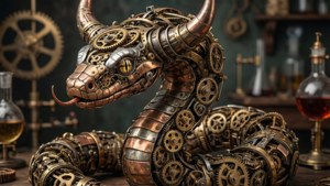A steampunk horned serpent made of gears and clockwork coils in a victorian lab.