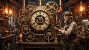 Et steampunk-værksted med messingtandhjul og en victoriansk opfinder.