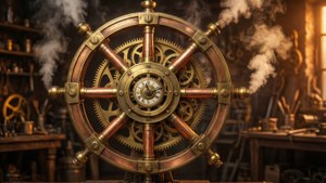 Roda Dharma steampunk dari kuningan dan tembaga dengan roda gigi rumit dan uap