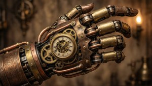 Une main de robot steampunk avec des engrenages en laiton sur un fond vintage sépia.