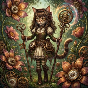 Steampunk-fantasy-bakgrunnsbilde av en kattejente i en hage med klokkeblomster.