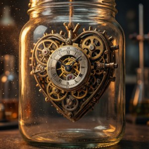 Wallpaper surealis steampunk detail dari jantung mekanis dalam toples kaca dengan debu melayang.