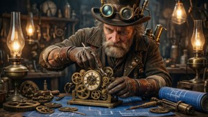 Horace Hone steampunk-keksijänä työpajassa korjaamassa messinkilaitetta.