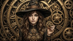 Steampunk-kohtaus tyttö noitahatussa ja jättiläismäisellä kellokoneistolla, seepia- ja messinkisävyjä