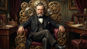Ernest Thurn come un re steampunk su un trono di ingranaggi