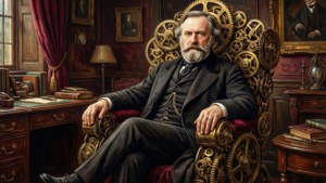 Ernest Thurn als Steampunk-König auf einem Zahnradthron