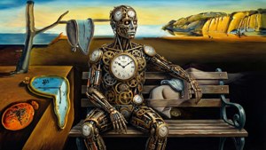 Uma figura humanóide surreal feita de peças de relógio em uma pintura à la Dali