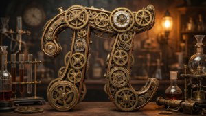 Steampunk-taustakuva Pi-symbolista, joka on rakennettu messinkihammaspyöristä ja koneistoista