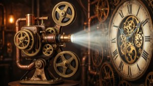 Steampunk filmprojektor med messinggir som projiserer på en urverksvegg