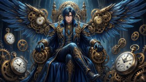 Vanitas på en steampunk-trone med mekaniske vinger og tandhjul