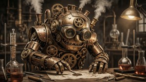Steampunk bronse urverk Womp Womp i et laboratorium.