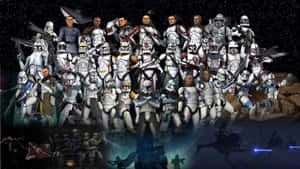 Star Wars clone troopers and commanders in white armor posing for a group photo in space.