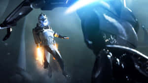 Clone trooper flutuando em nave espacial com luzes brilhantes — Logotipo de Star Wars Papéis de Parede