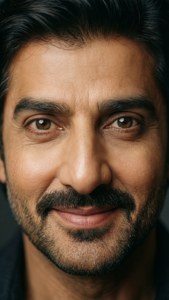 Lähikuva, joka korostaa Shah Rukh Khanin silmiä ja lämmintä hymyä.