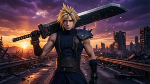Cloud Strife auf einer zerstörten Autobahn bei Sonnenuntergang mit Buster Sword und glühenden Mako-Partikeln.