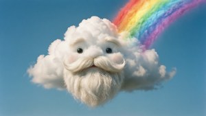 Janggut kartun berbentuk awan yang lembut dengan pelangi di langit biru.