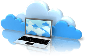 Silver laptop with cloud screen surrounded by stylized clouds on reflective surface.