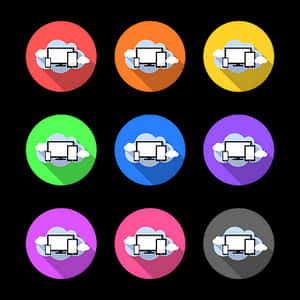 Neun bunte kreisförmige Symbole, jedes mit einer Wolke mit einem Kästchen darin. — Computer Wallpaper