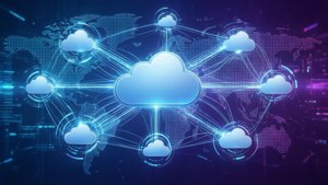 En abstrakt cloud computing-bakgrund med ikoner och glödande anslutningar över en världskarta.
