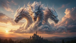 Three-headed dragon clouds over castle at sunset. — House Targaryen Wallpaper