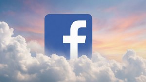 Hvitt Facebook-logo som flyter i en drømmeaktig skyhimmel med solnedgang.