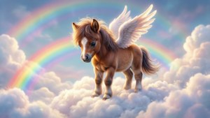 Ein süßes geflügeltes Fohlen steht auf einer Wolke und schaut auf einen Regenbogen in einem sanften Pastellhimmel.