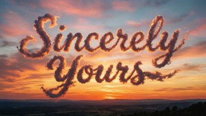 Auringonlaskun pilvet muodostavat 'Sincerely Yours' taivaalla, unenomainen surrealistinen maisema.